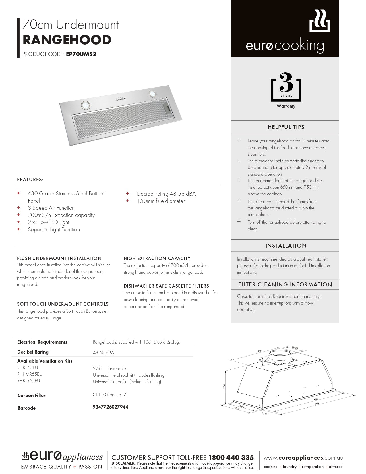 Euro Appliances 70cm Undermount Rangehood - EP70UMS