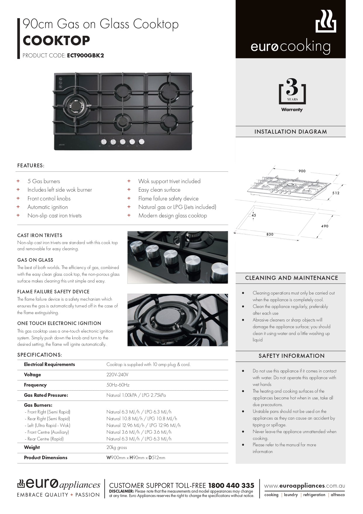 Euro Appliances 90cm Black Glass Gas Cooktop ECT900GBK2