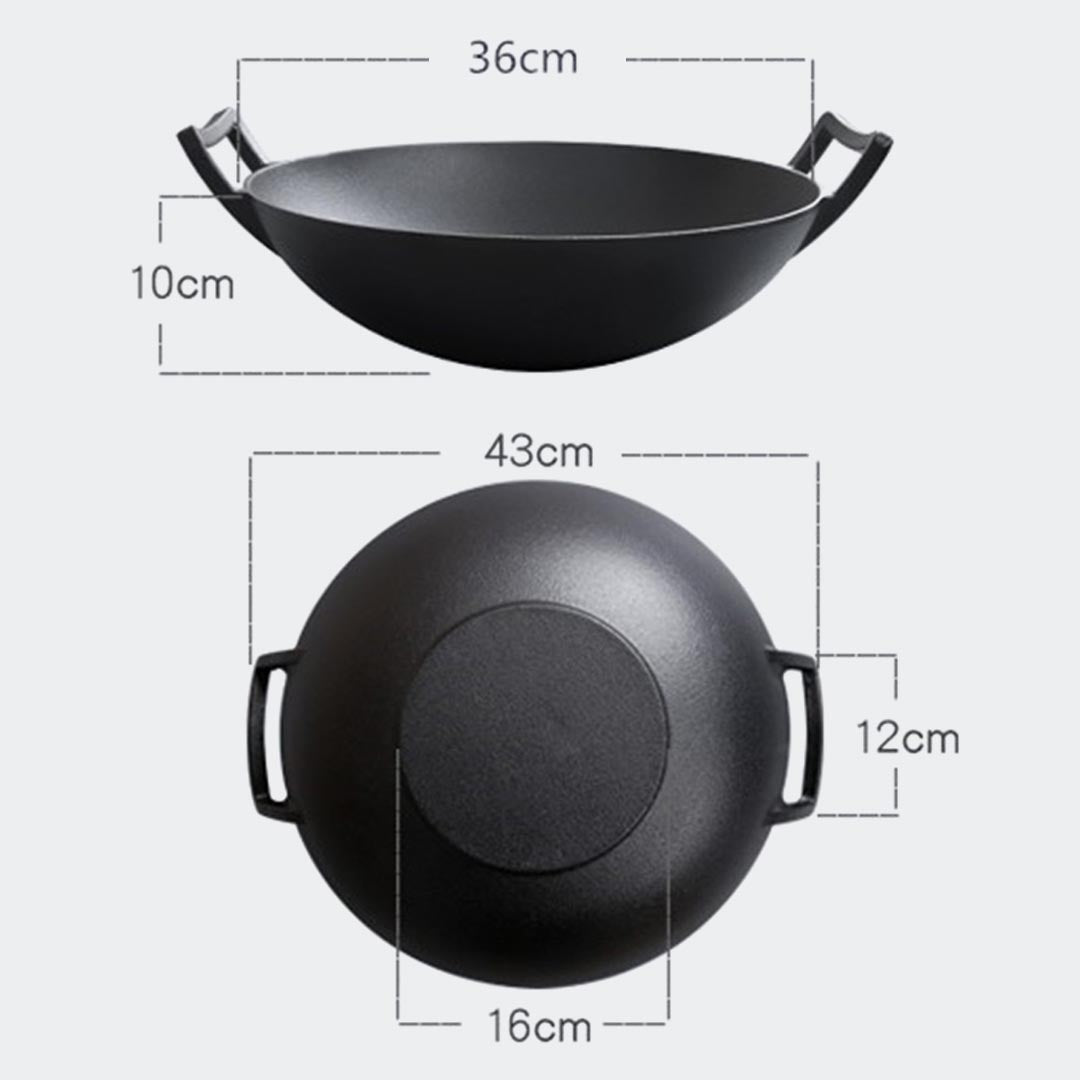 SOGA 36CM Commercial Cast Iron Wok FryPan with Wooden Lid Fry Pan