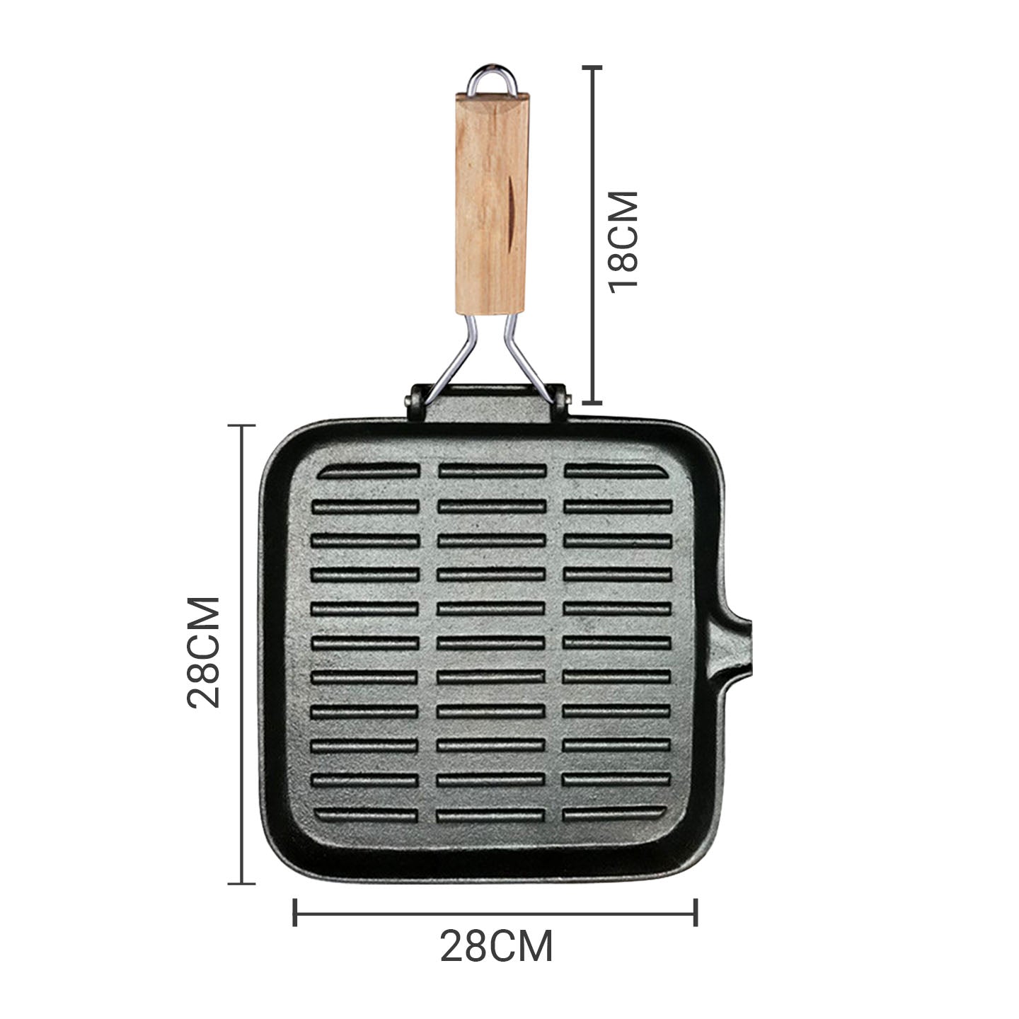 SOGA 28cm Ribbed Cast Iron Square Steak Frying Grill Skillet Pan with Folding Wooden Handle